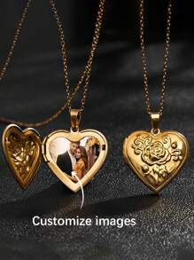 Customized Couples Jewelry Stainless Steel Silver & Gold Tone Openable Heart-Shaped Rose Patterned Photo Frame Necklace For Women,Gold,Stylish,Colorful,Vintage,Unisex,Hipster,Simple,Casual,Custom,Personalized,Unique,Ideal Gifts For Him,Ideal Gifts For Her,Her,Boyfriend,Girlfriend,Dad,Mom,Family,Friends,For Anniversaries,For Birthdays,For Graduation,For Prom,For Party,Jewelry Women