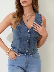 Women Y2K Button Down Denim Vest Vintage Sleeveless V Neck Jean Corset Crop Tank Top Fitted Cowgirl Streetwear - 水鴨藍 - 查看 5