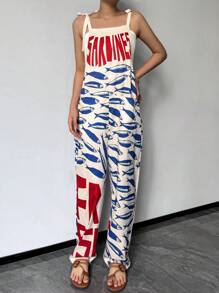 Women's Spring And Summer Fashion Casual Elegant Holiday Style Contrast Color English Letters Latin Fish Printed Imitation Linen Fabric Overall Jumpsuit Casual Vacation Holiday Travel