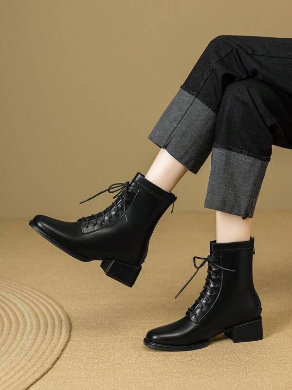 Square Toe Lace Up Boots For Women, Thick Heel, Black, Short Shaft, British Style, Low Heel, Comfortable Back Zip Ankle Boots, Autumn/Winter