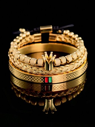 3pcs/Set Luxury Handmade Braiding Crown Bracelet For Men Wrist Band Stainless Steel Jewelry Confident Male Business Leisure Daily Wear Father Boyfriend Birthday Gift