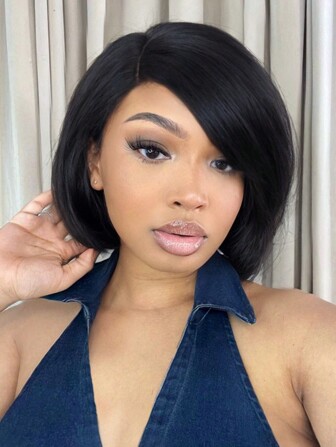 Short Side Part Bob Wigs Straight Black Hair Wig Bowl Cut Cosplay Wig Heat Resistant Natural Looking Synthetic Full Wigs For Women(Natural Black)