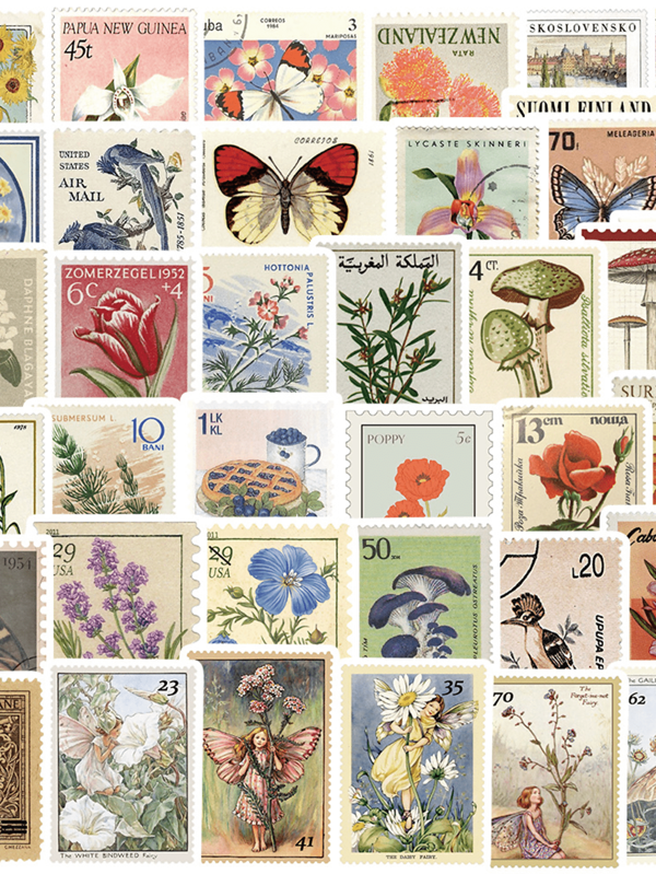 50 peças de adesivos de carimbo vintage, planta, animal, flor, carimbo de personagem altamente atraente, adesivos de material de conta manual de volta às aulas