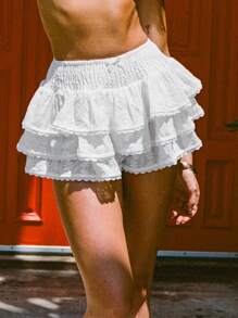 Woman Summer Floral Embroidery White Shorts Lace Trim Layered Ruffled Skirt Shorts Smocking High Waist Shorts - 白色 - 查看 2