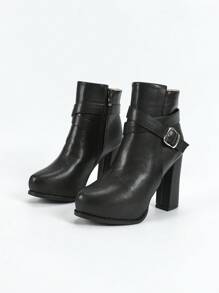 Waterproof Chunky High Heel Round Toe Short Boots, Side Zipper, Winter - Black - View 5