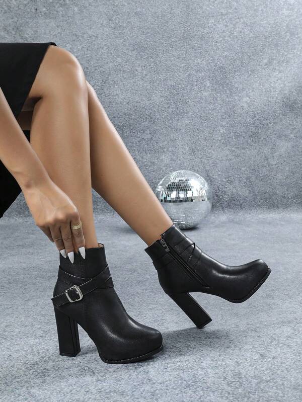 Waterproof Chunky High Heel Round Toe Short Boots, Side Zipper, Winter
