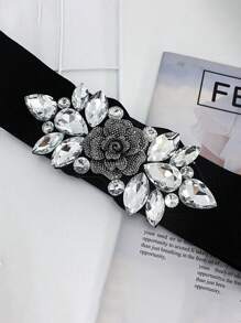 1pc White Rose With Rhinestones Decorative Elastic Waist Belt, Elegant Fashion Accessory For Dresses And Down Jackets Summer, School Fall, Autumn, Halloween