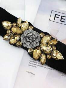 1pc White Rose With Rhinestones Decorative Elastic Waist Belt, Elegant Fashion Accessory For Dresses And Down Jackets Summer, School Fall, Autumn, Halloween