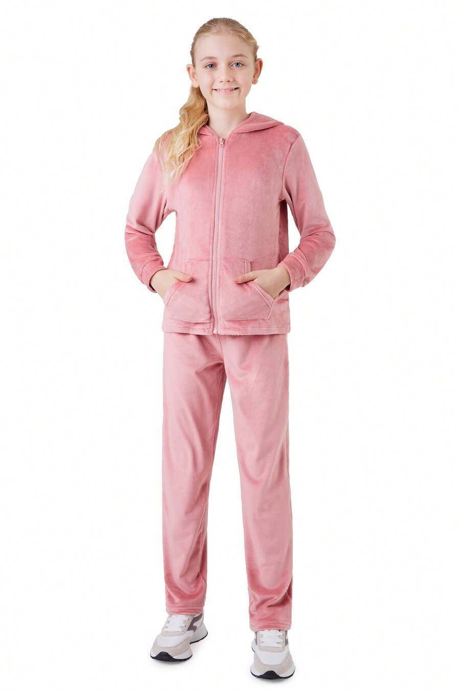 City Comfort Tracksuit Set 2 Piece Velour Hoodie And Bottoms Lounge - Pink - View 1