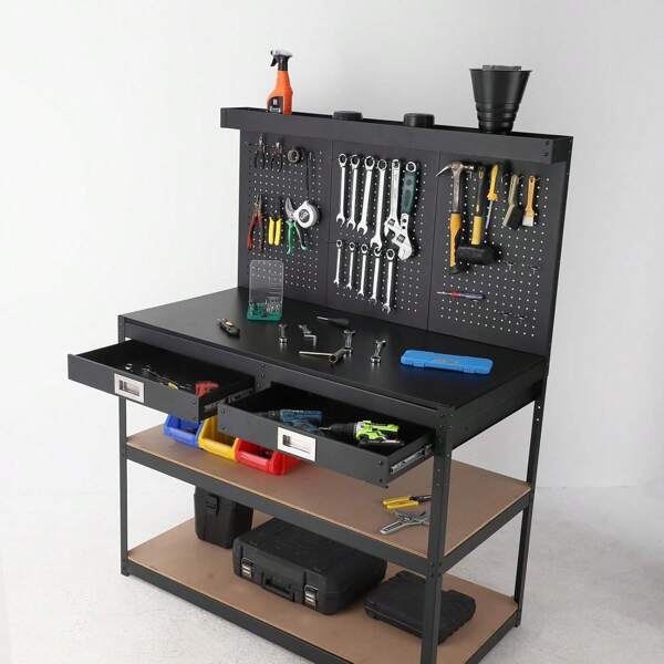 KYBOLT 48 Inch Work Table, Heavy-Duty Steel Tool Workbench With 2 Drawer, Pegboard, 1000 LBS Load Capacity, 3 Level Workbench With Power Outlet For Garage Warehouse Utility Room, Multi-Function Metal Bench