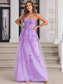 Vestido de graduación de tul y encaje para mujer, vestido de noche largo con tirantes de espagueti y aplicaciones de cristal, vestido de noche formal de línea A con cordones cruzados en la espalda, vestido de fiesta de graduación