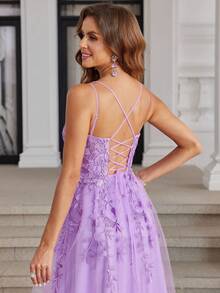 Vestido de graduación de tul y encaje para mujer, vestido de noche largo con tirantes de espagueti y aplicaciones de cristal, vestido de noche formal de línea A con cordones cruzados en la espalda, vestido de fiesta de graduación