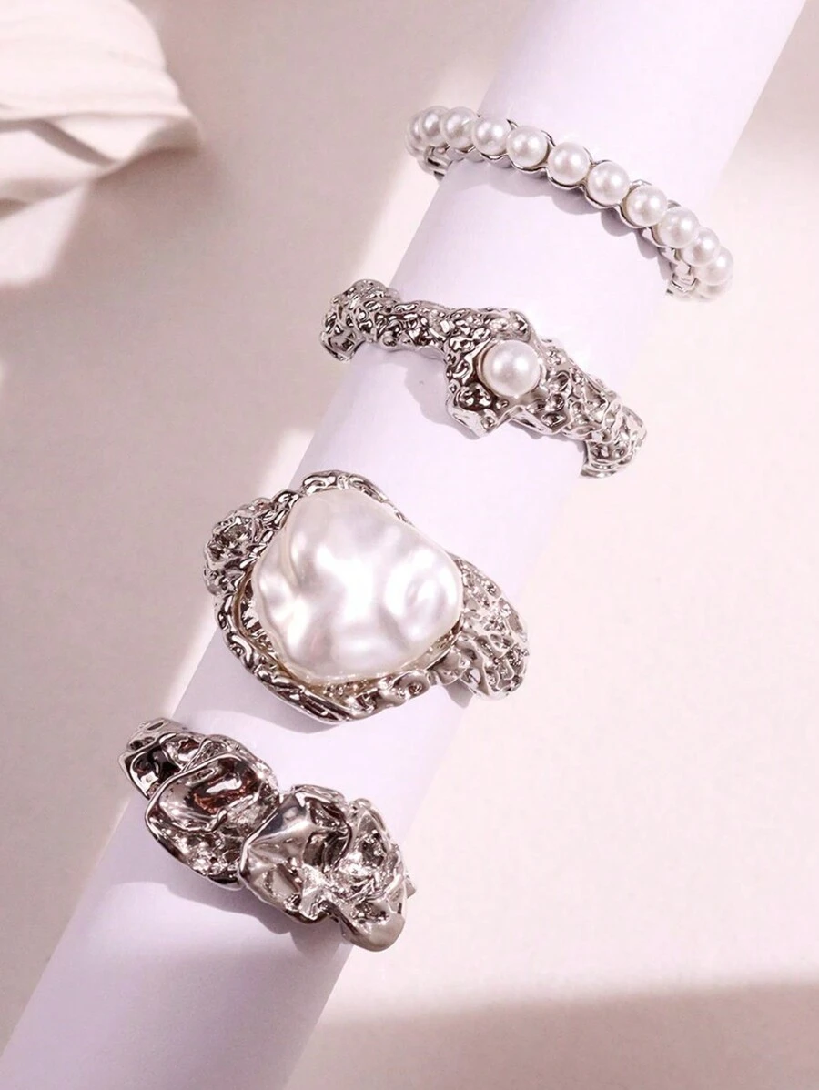 4 件套复古优雅金属银色几何珍珠戒指套装，适合女士、日常佩戴和节日礼物 - 彩色 - 查看 1