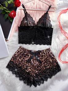 2 Pcs New Women's Sexy Lingerie Set Model Color Block Leopard Print Contrast Lace Lingerie Set Intimates Bra & Shorts Carnival Party Outfits Valentine's Day Surprise Gifts Elegant And Refined - Leopard - View 9