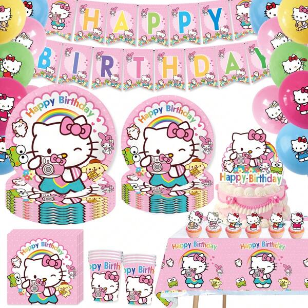 Sanrio Sanrio Hello Kitty Themen Geburtstagsfeier Dekorations-Zubehör: Tischdecke, Teller, Papierbecher, Papierservietten, Geschenktüten, Kuchentoppers, Wimpelkette, Cartoon Anime Figuren, Einwegtafelgeschirr für Festivalparty