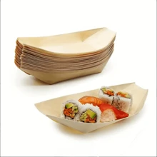 50 piezas Bandeja de barco de madera desechable, mini plato de comida, bandeja de sushi de hoja, bol de madera, para catering y uso doméstico, cocina, regalo de Navidad