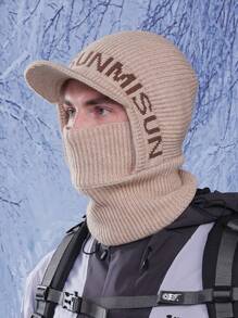 1pc Men's Autumn/Winter Letter Cycling Neck Warmer & Beanie Set, Casual Windproof Knitted Embroidered Ski Hat
