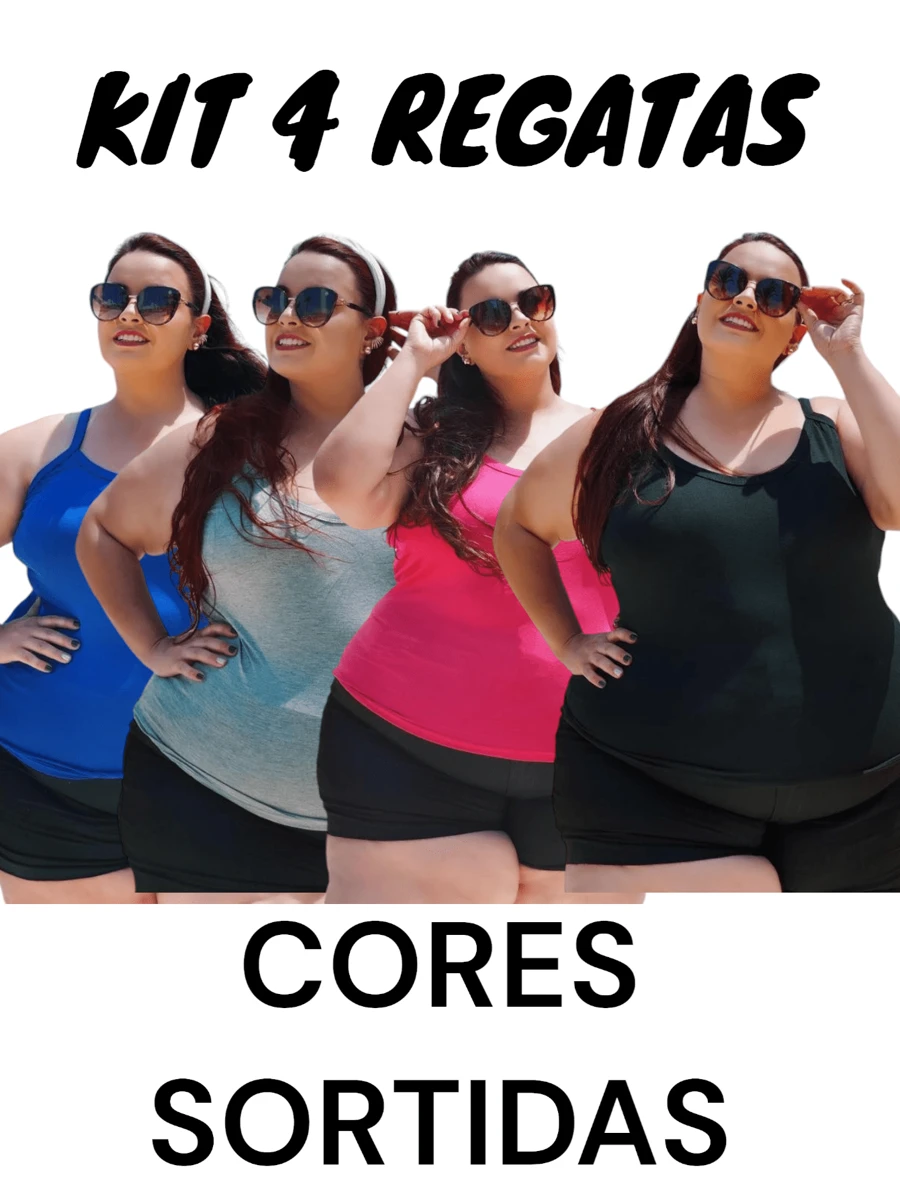 Kit com 4 BLUSINHAS Regata Plus Size Basicas Blusinha Alcinha Fina Modinha Alça Verão G1 ao G5 - CORES SORTIDAS elegante, all curve, malha viscolycra - Multicolorido - Visão 1