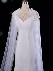 1pc Plain Color Sheer Long Dress Shawl, Detachable Brooch Or Cloak Style Wrap, Bridal Wedding Cape Fall Clothes For Women