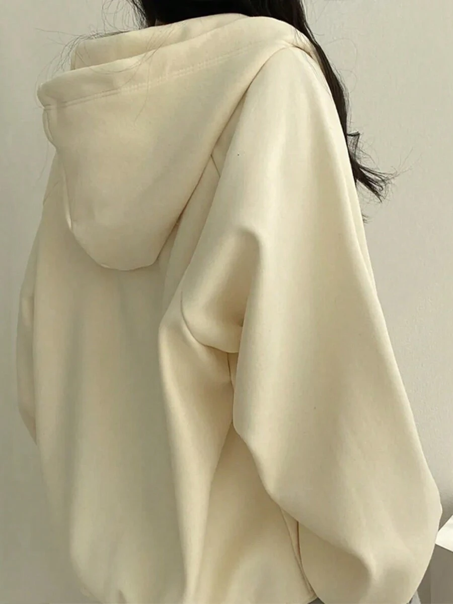 休闲保暖连帽卫衣运动衫夹克，宽松版型，秋冬 - 杏色 - 查看 1