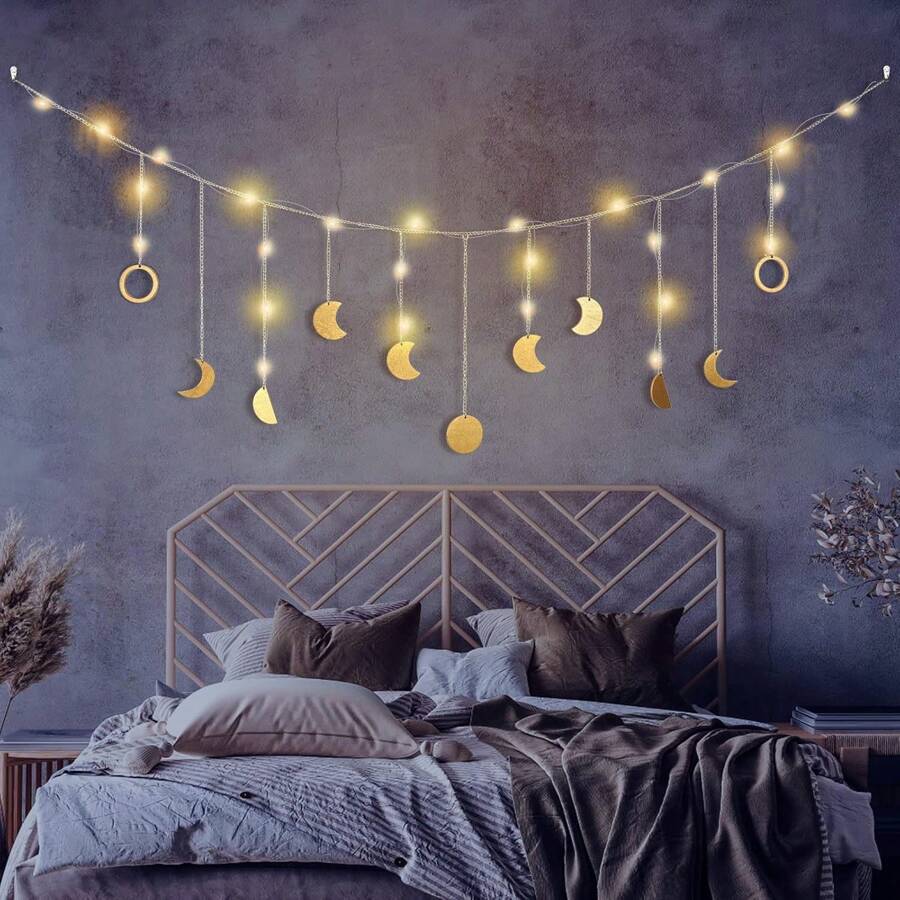 Đồ trang trí tường pha mặt trăng tự làm với đèn dây LED, đồ trang trí treo tường bằng kim loại vàng Boho, vòng hoa trang trí tâm trạng pha mặt trăng theo phong cách Bohemian cho phòng ngủ, phòng khách, phù hợp với đồ trang trí nhà Al-Adha, đồ trang trí phòng, đồ trang trí tường - Nhiều màu - Xem 1