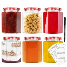 Deco Express Preserving Glass Jam Jars With Airtight Screw Lids 6 X 250ml Labels And Marker - 彩色 - 查看 1