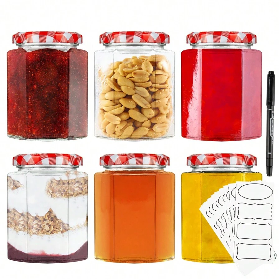 Deco Express Preserving Glass Jam Jars With Airtight Screw Lids 6 X 250ml Labels And Marker - 彩色 - 查看 1