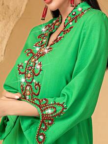 Handmade Baroque Shape Faux Pearl Decor Long Sleeve Casual Comfortable Breathable Moisture-Wicking Arabic Style Dress