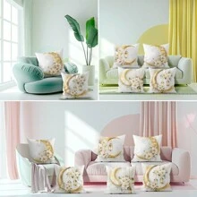 4 Stücke Ramadan Sichelmond & Blumen bedruckte einseitige Kissenbezüge