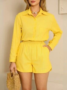 Women's Linen Shorts And Shirt Set - Mustard Yellow - View 7