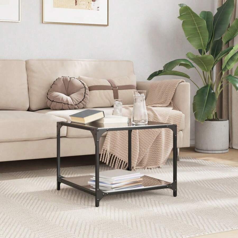 Stylish Black Glass Top Coffee Table 50x50x40 Cm Durable Steel Frame Modern Design - Black - View 1