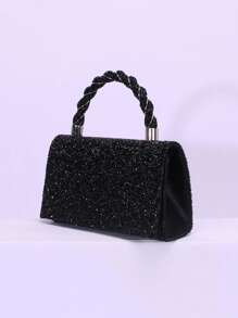 Fashionable And Exquisite Diamond Decorated Handbag With Shoulder Strap For Evening - Black - View 2