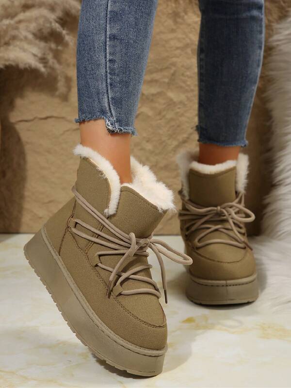 Women's Snow Boots 2024 New Winter Thermal Lined Thickened Leather & Fur One-Piece Platform Ankle Boots