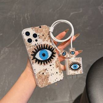 5 合 1 手机壳及配件套装：（1 个透明 TPU 软边摄像头全覆盖手机保护壳）+（1 个 Apple 充电器适配器保护套（不含电池）+ 2 个数据线两端连接器保护壳 + 1 个硅胶数据线整理带）UV 彩色印刷恶魔眼金色闪光蓝眼设计兼容 防水防震防摔防刮