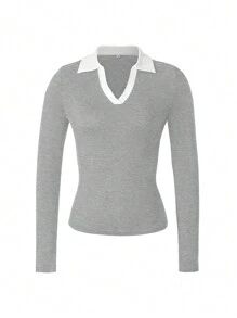 Blusa de punto de manga larga y cuello polo para mujeres de otoño, adaptada y esbelta, ideal para ir a la escuela o para usar en la ciudad