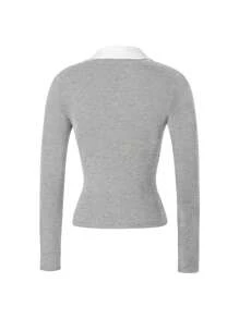 Blusa de punto de manga larga y cuello polo para mujeres de otoño, adaptada y esbelta, ideal para ir a la escuela o para usar en la ciudad