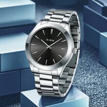 BIDEN 1pc Men's Waterproof Stainless Steel Strap Simulated Quartz Watch, Simple Business Watch, Men's Gift