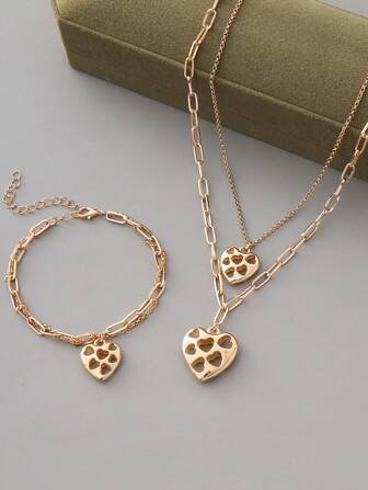 1pc Teenagers Jewelry Set, Delicate Hollow Heart Design Necklace, Twisted Braided Bracelet, Stylish And Fashionable, Suitable For Outfit Matching, School, Countryside, Street, Party, Birthday Gift, Christmas Present. Maintain Product Quality, Suggested To Remove During Bathing, Otherwise Can Be Worn Normally
