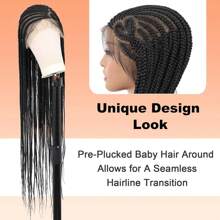 39英寸全蕾丝前编织假发，黑色无结盒式编织假发，带心形婴儿发，独特合成手工编织蕾丝前假发，适合女性佩戴 - 黑色 - 查看 2