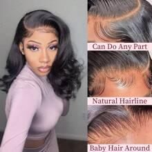 40inch 250% Density 13x4 Bob Wig Human Hair 13x4 Body Wave Lace Frontal Wigs 250% Density Hd Lace Front Wig Human Hair Pre Plucked Glueless Wigs For Black Women Natural Color - Natural Black - View 3