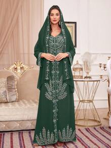 Floral Print Kaftan Dress With Cape - Green - View 4