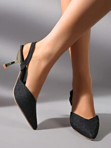 Pointed Toe Closed Toe Heels, Minimalist Black Sandals For Women, 2024 Spring New Fashion Elegant Strap Heeled Shoes, Shallow Vamp Low Heels Sandal Feminine Chic Design - Black - View 4