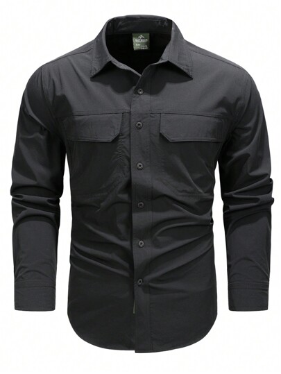 1pc Men's New Quick Dry Multi-Pocket Sport Outdoor Hiking Casual Utility Solid Color Shirt, Fashionable Christmas Jacket