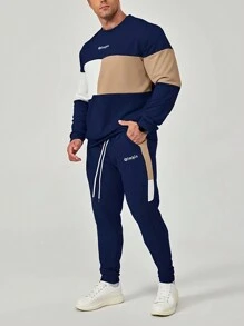 Men's Casual Two-Piece Set, Contrasting Long Sleeved Sweatshirt And Drawstring Pants, Breathable And Comfortable - 藍色 - 查看 5