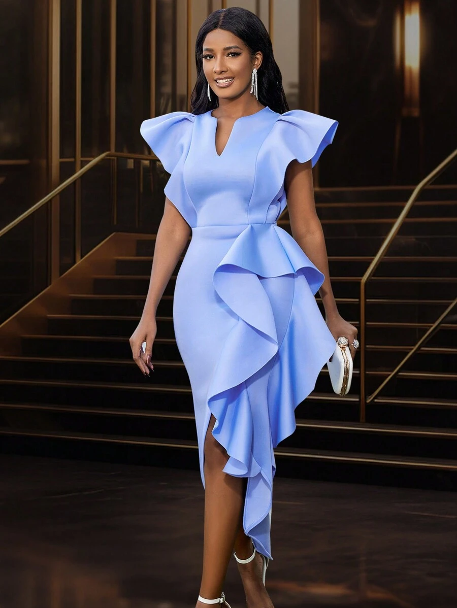 Vestido de fiesta con cuello en pico, mangas cortas y bajo asimétrico, elegante vestido de cóctel semi formal para fiesta, boda, graduación, cena, baile de graduación - Celeste - Ver 1