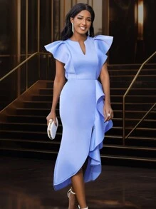 Vestido de fiesta con cuello en pico, mangas cortas y bajo asimétrico, elegante vestido de cóctel semi formal para fiesta, boda, graduación, cena, baile de graduación - Celeste - Ver 4