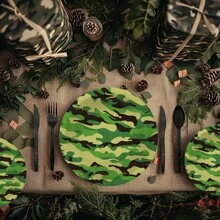 Zestaw 10/20 szt. kamuflażowych wojskowych patriotycznych naczyń na imprezę, zawiera 7"/9" talerze imprezowe z wzorem kamuflażowym, serwetki kamuflażowe, kubki papierowe kamuflażowe, odpowiednie na przyjęcia urodzinowe, pikniki, spotkania rodzinne, zjazdy weteranów, obchody rocznicowe