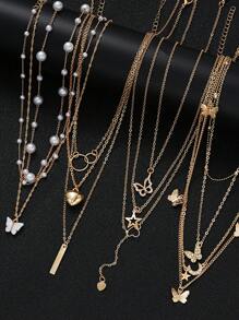 17KM 11 件/套简约心形、蝴蝶、珍珠、星星和月亮吊坠项链套装，女士度假、约会、礼物、日常派对配饰 - 金黃色-11件 - 查看 13