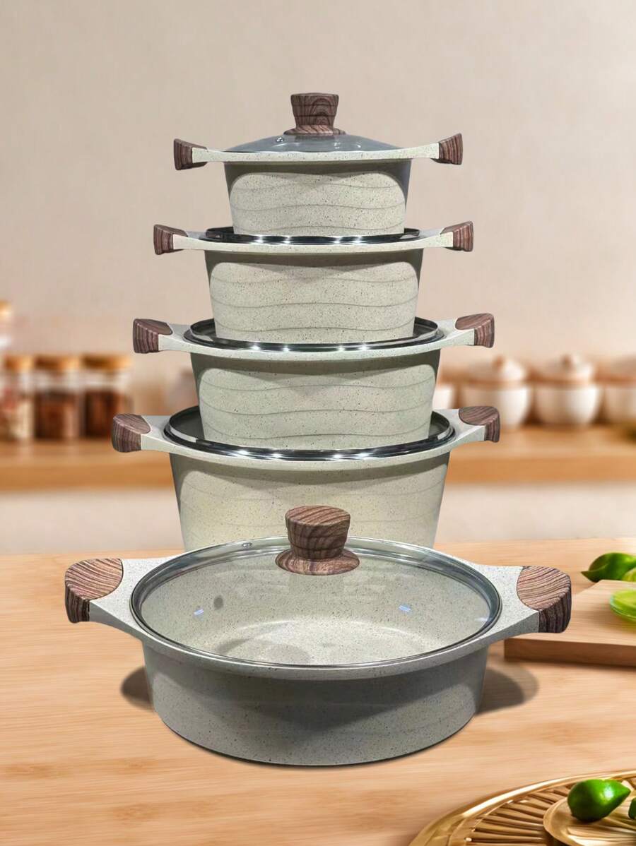 Juego de 2-10 piezas de ollas y sartenes antiadherentes y antiscald de aluminio con tapa, de fundición, de uso múltiple, adecuado para cocinar en casa, apto para estufas de gas y eléctricas.
