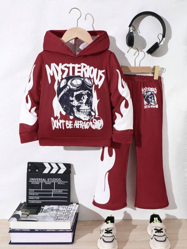 2pcs Set Young Boys Spring/Autumn Casual Red Letter Skeleton & Flame Print Hoodie Top Matching Red Skeleton Print Pants